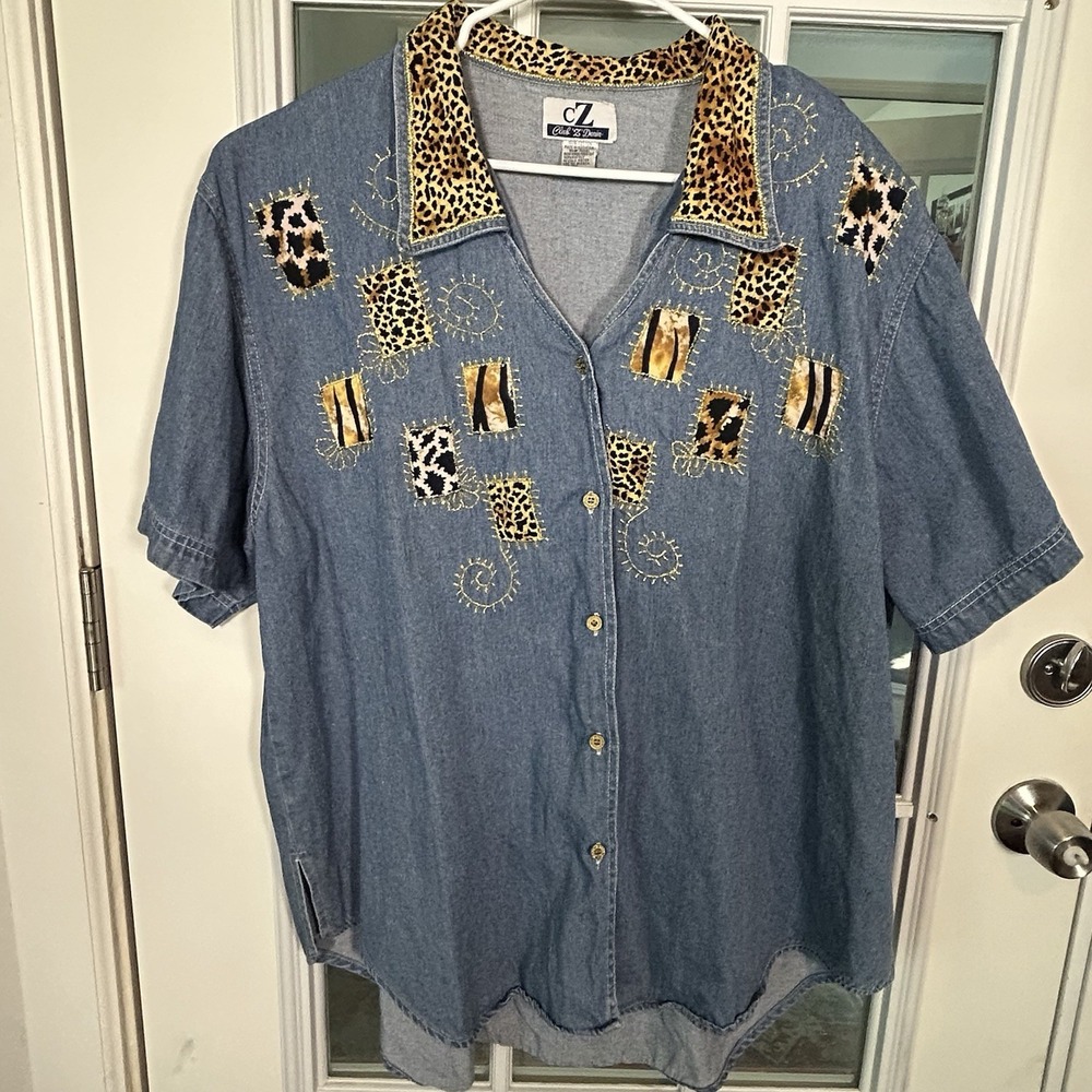 Club Z Denim Leopard Print Collar Patchwork Denim Shirt Gold Embellishing 90s 2X